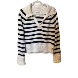 Abercrombie Fitch Striped Notch Neck Sweater Navy Cream Small